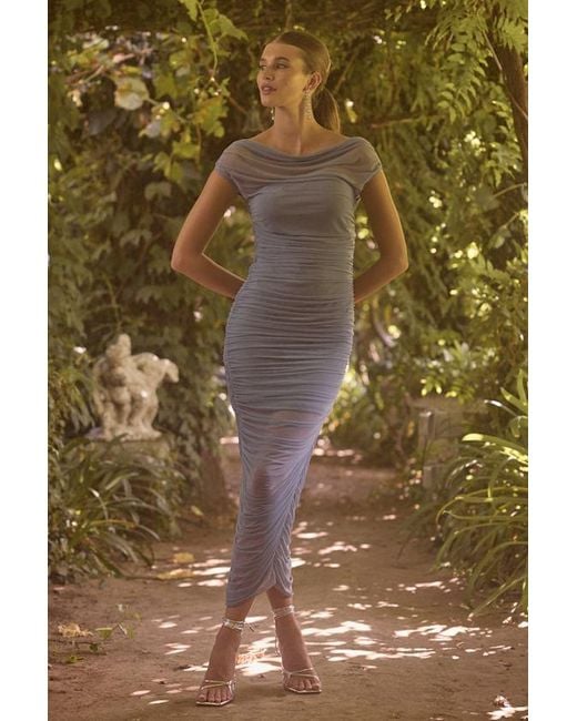 Lulus Blue Sunama Mesh Ruched Bodycon Midi Dress