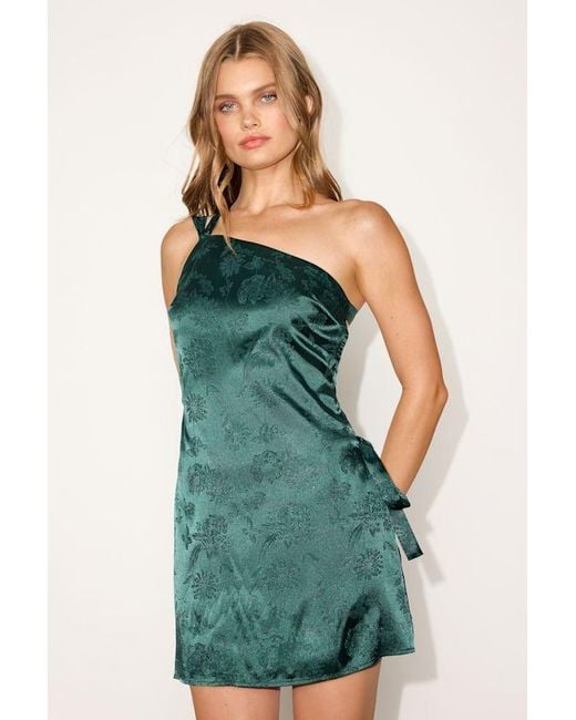 Lulus Green Yvonne Emerald Jacquard Satin One-Shoulder Mini Dress