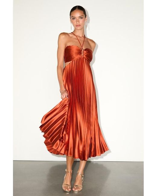 Lulus Red Aerin Rust Satin Pleated Cutout Midi Dress