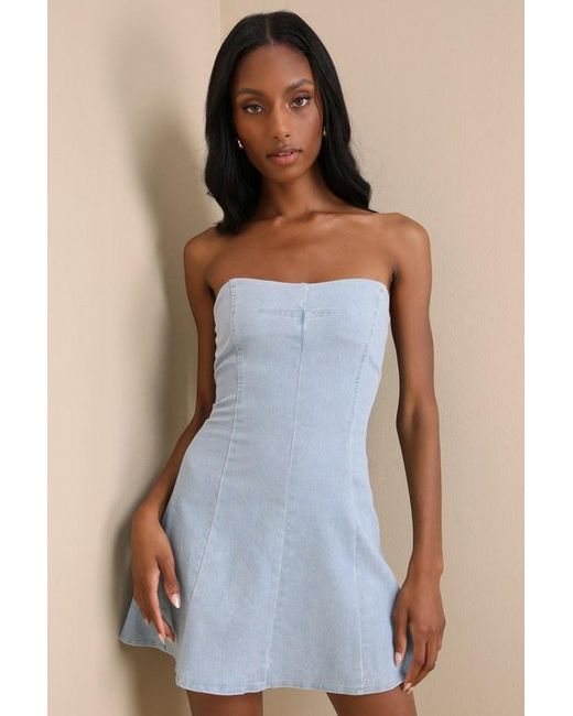 Lulus Blue Delightful Time Light Wash Denim Strapless Mini Dress