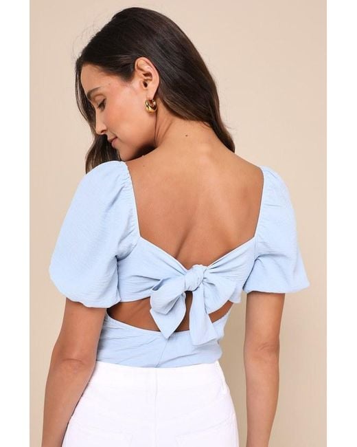 Lulus Blue Abundance Of Love Textured Puff Sleeve Tie-Back Bodysuit