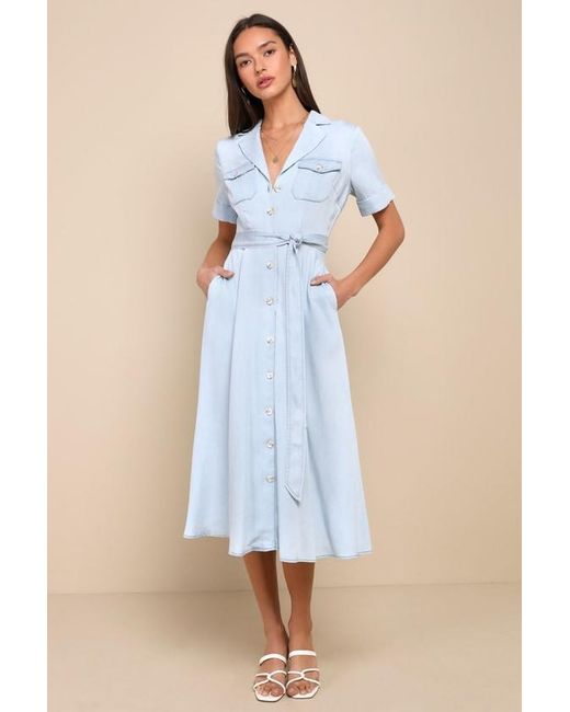 Lulus Blue Pleasant Cutie Chambray Collared Midi Dress With Pockets
