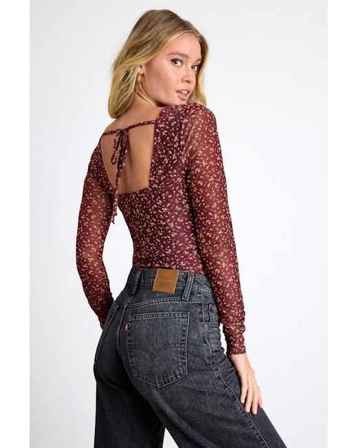 Lulus Red Adoring Desire Floral Print Mesh Ruched Bodysuit