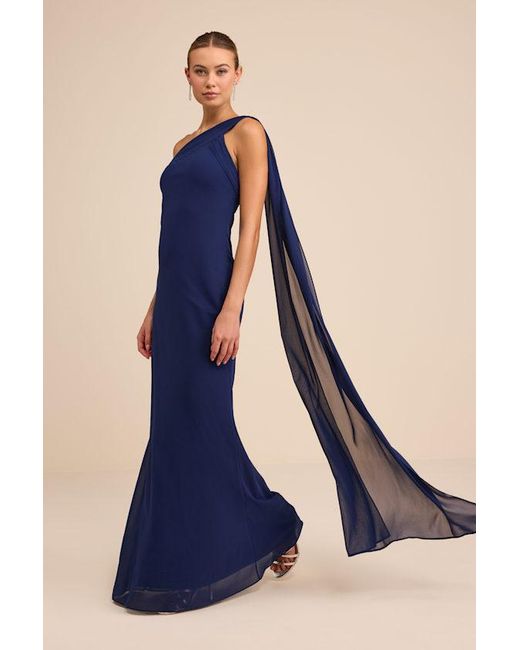 Lulus Blue Carmenza One-Shoulder Sash Maxi Dress