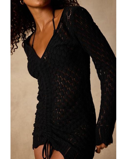 Lulus Black Seadrift Crochet Knit Ruched Mini Swim Cover-Up