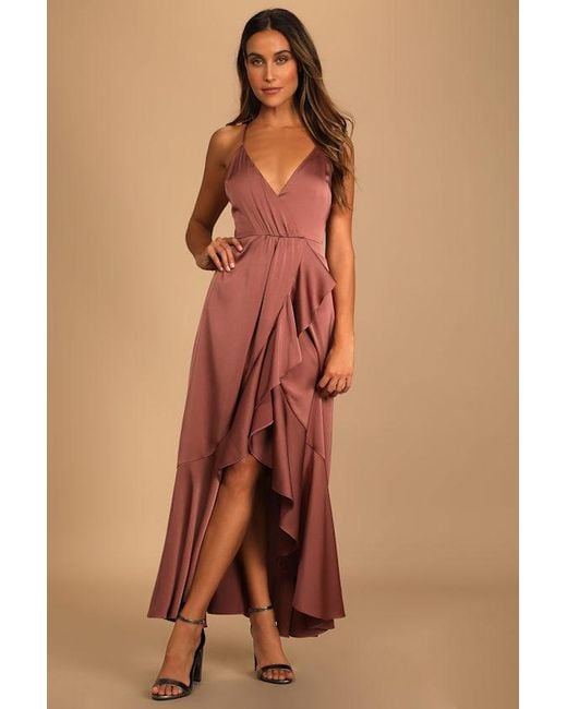 Lulus Brown Enchanted Moments Satin Ruffled High-Low Dress