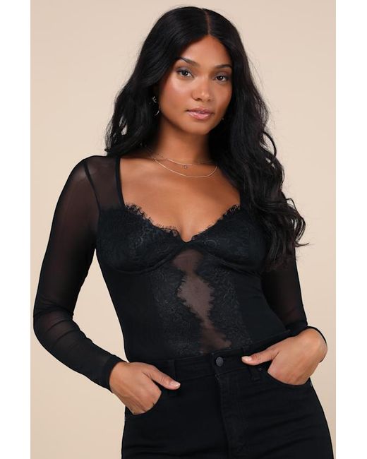 Lulus Blue Stay Sultry Mesh Lace Long Sleeve Bodysuit