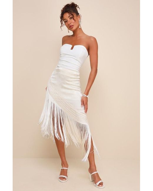 Lulus Natural Exquisite Sweetie Cream Satin Jacquard Fringe Midi Skirt