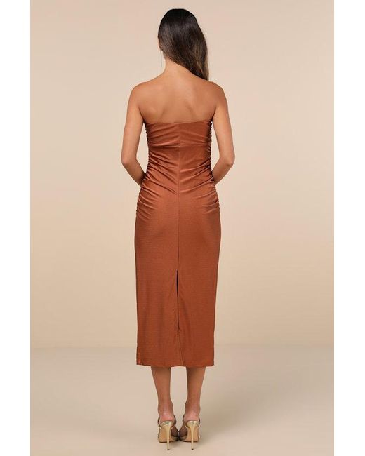 Lulus Natural Gorgeous Reputation Copper Strapless Ruched Midi Dress