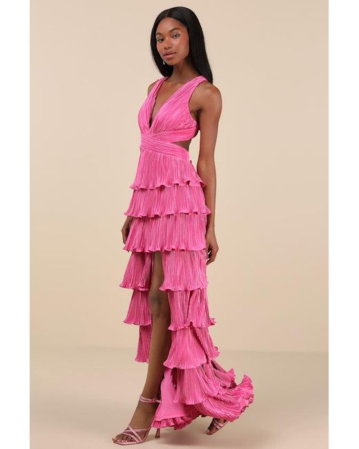 Lulus Pink Beauty Icon Satin Pleated Tiered Lace-Up Maxi Dress