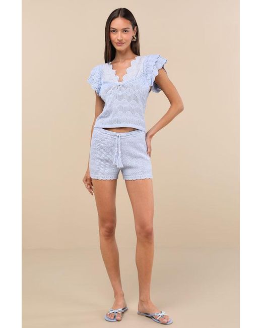 JACQUIE THE LABEL Blue Caroline Crochet Knit Shorts