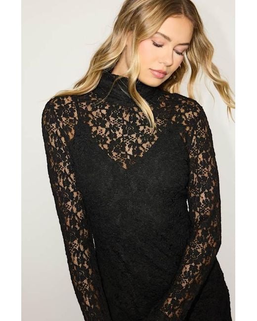 Lulus Black Marcy Lace Mock Neck Mini Dress