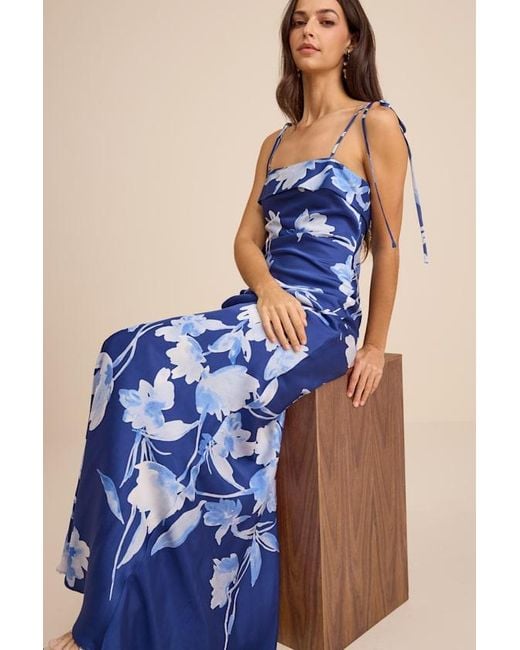 Lulus Blue Florine Floral Satin Tie-Strap Maxi Dress