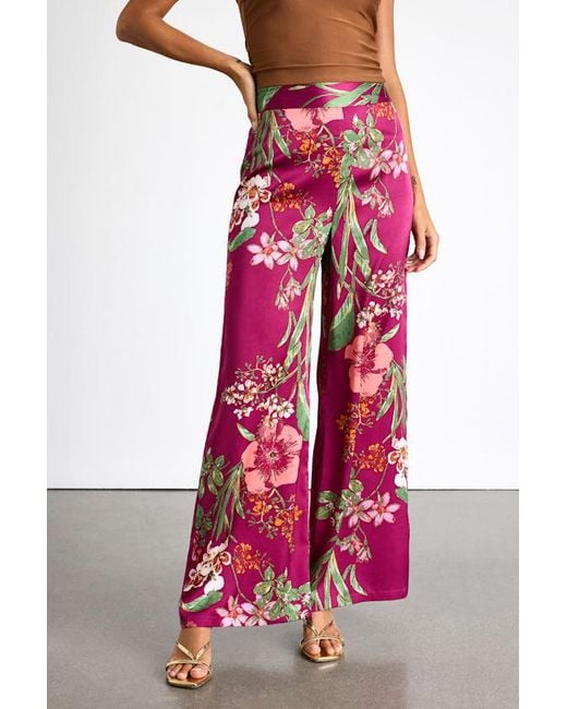 Lulus Red Thriving Vibes Floral Print Satin Wide-Leg Pants