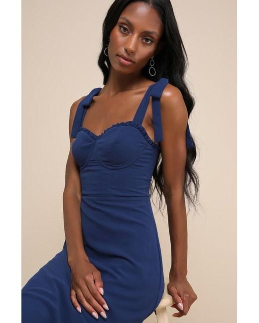 Lulus Blue Truly Gorgeous Dark Ruffled Bustier Tie-Strap Maxi Dress