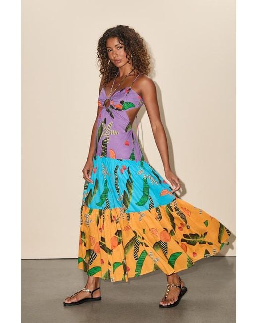 Lulus Blue Helia Multi Tropical Print Cutout Maxi Dress