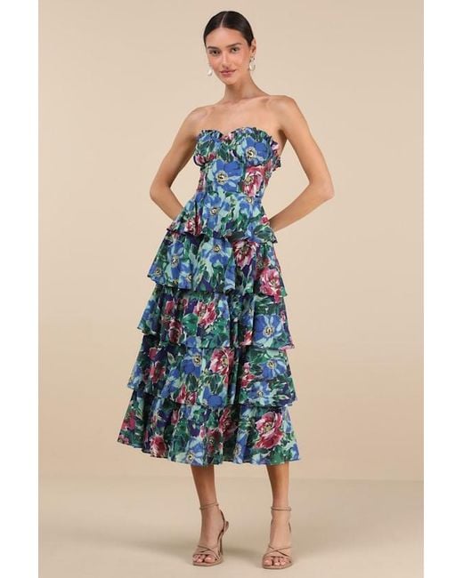 Lulus Women's Blue Nayha Multi Floral Strapless Tiered Midi Dress
