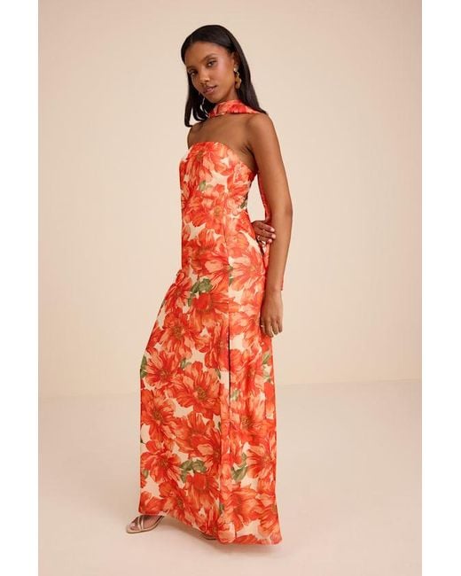 Lulus Orange Rawya Floral Strapless Maxi Dress And Scarf Set