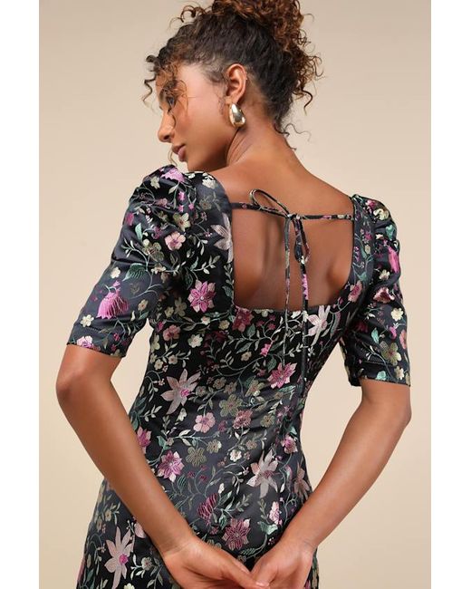 Lulus Black Decidedly Glam Floral Brocade Puff Sleeve Mini Dress
