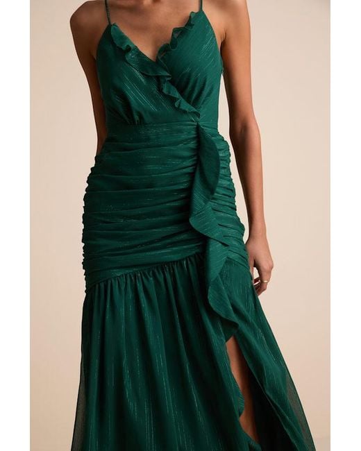 Lulus Green Stunning Soiree Emerald Lurex Ruched Midi Dress