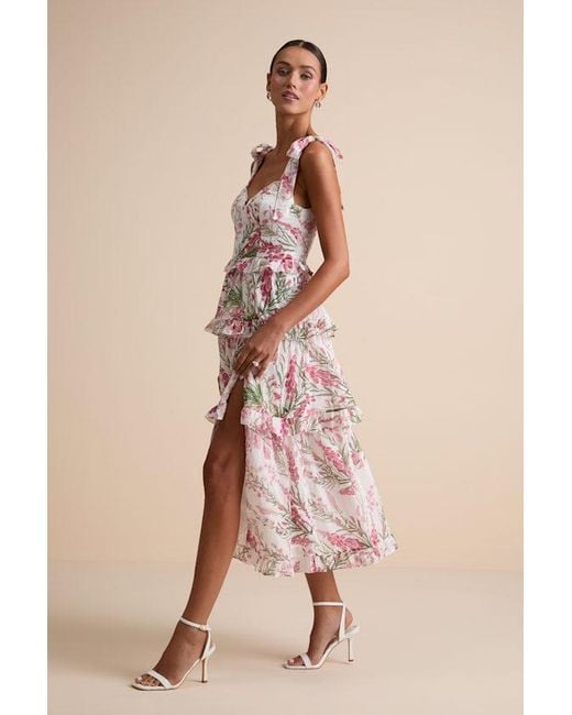 Lulus Pink Naenia Floral Tiered Tie-Strap Midi Dress
