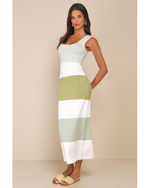 Lulus Natural Easily Gorgeous Ivory And Striped Midi Sweater Dress