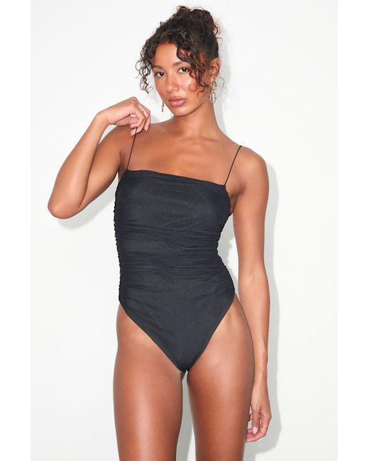 Lulus Black Halona Mesh Ruched Sleeveless Bodysuit