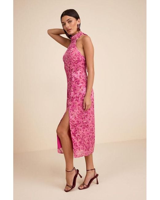 Lulus Pink Lana Floral Jacquard Halter Midi Dress