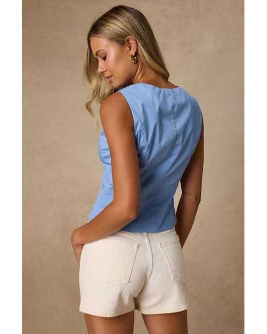 Lulus Blue Seasonally Lovely Scalloped Button-Front Poplin Top