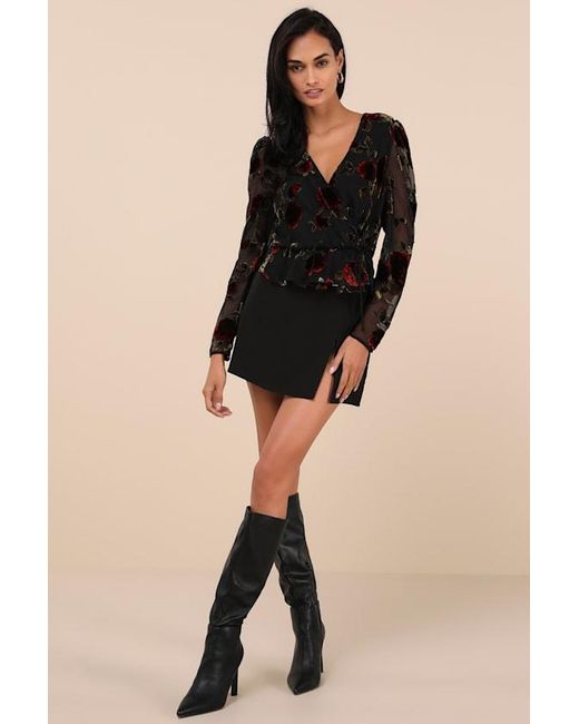 Lulus Black Memorably Poised Burnout Floral Surplice Top