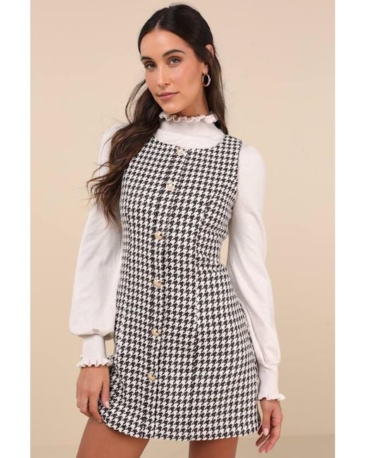 Lulus Brown Coveted Poise Houndstooth Button-Front Shift Mini Dress