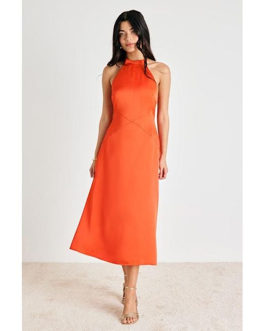 Lulus Orange Deva Satin Halter Midi Dress