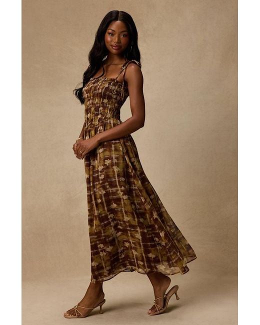 Lulus Brown Rhodora Multi Abstract Smocked Midi Dress