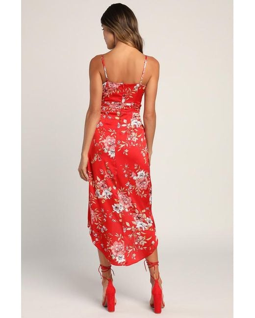 Lulus Red My Favorite Day Floral Print Tulip Skirt Midi Dress