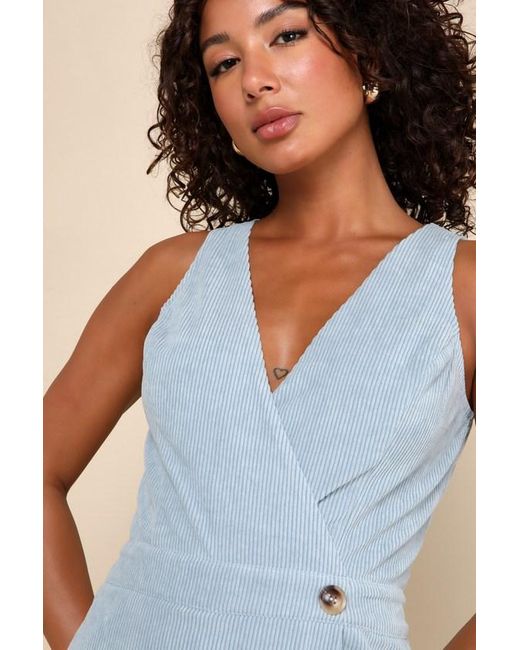 Lulus Blue Cute Mindset Corduroy Faux-Wrap Skort Romper