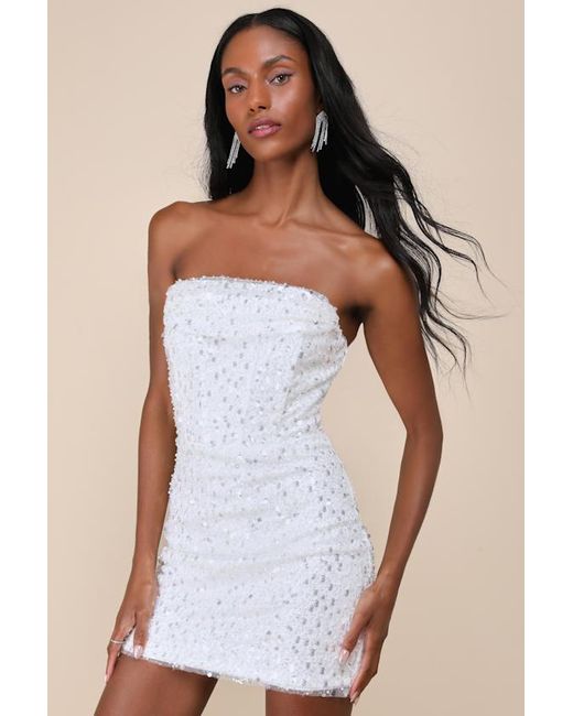 Lulus White Essential Glamour Sequin Pearl Strapless Mini Dress