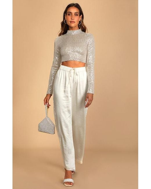 Lulus Metallic Dazzling Beauty Sequin Long Sleeve Mock Neck Crop Top