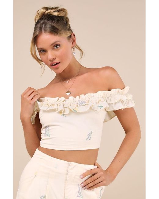 Lulus Natural Rowena Cream Embroidered Ruffled Crop Top