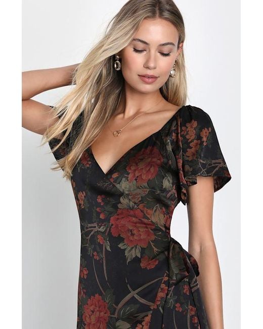 Lulus Black Subtle Elegance Floral Print Faux Wrap Midi Dress