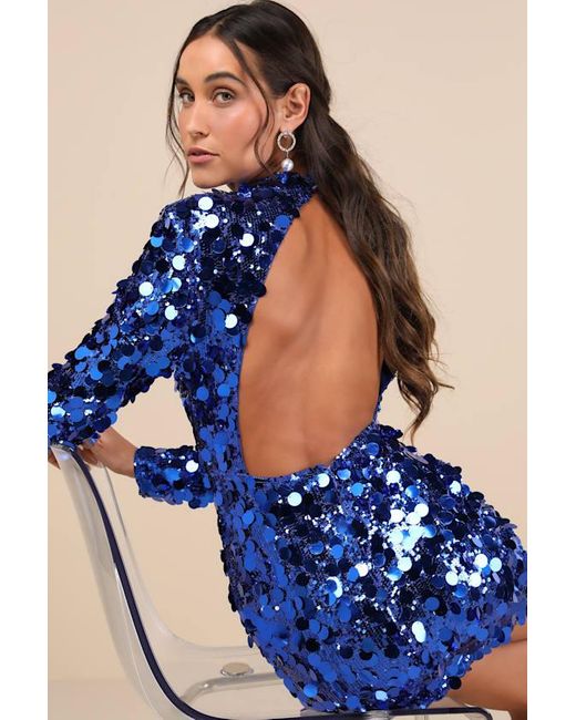 Lulus Brilliant Behavior Sequin Backless Mini Dress in Blue
