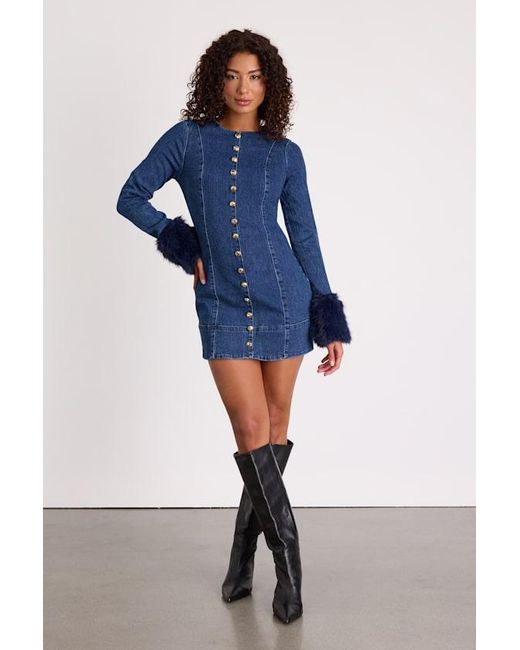Show Me Your Mumu Blue Rockefeller Medium Wash Denim Faux Fur Mini Dress
