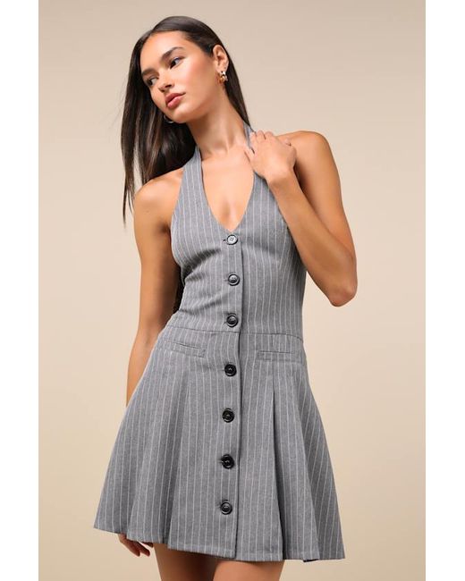 Lulus Gray Posh Attraction Pinstriped Button-Front Halter Mini Dress