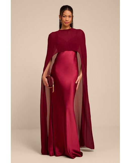 Lulus Red Cavana Satin Cape Maxi Dress