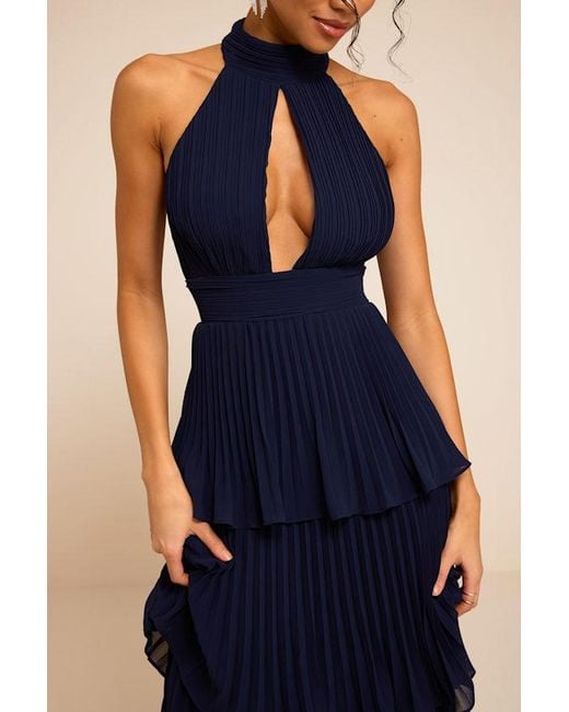 Lulus Blue Mavia Pleated Cutout Tiered Maxi Dress