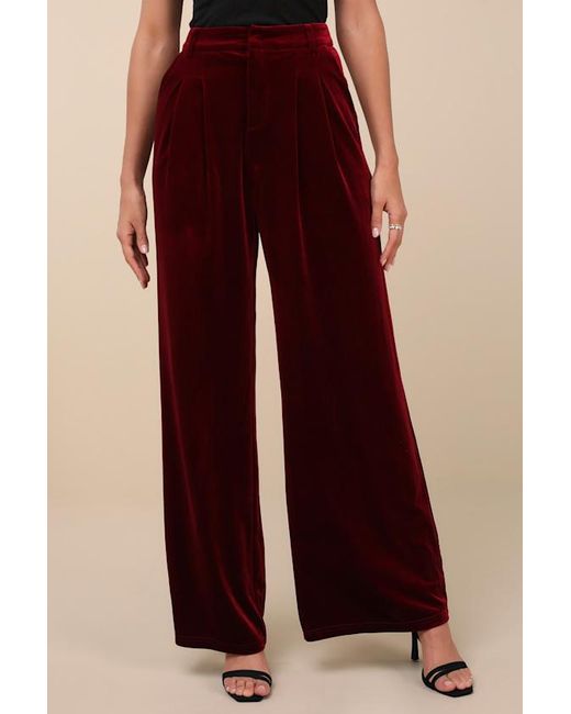 Lulus Red Chic Splendor Velvet Pleated High-Rise Wide-Leg Pants