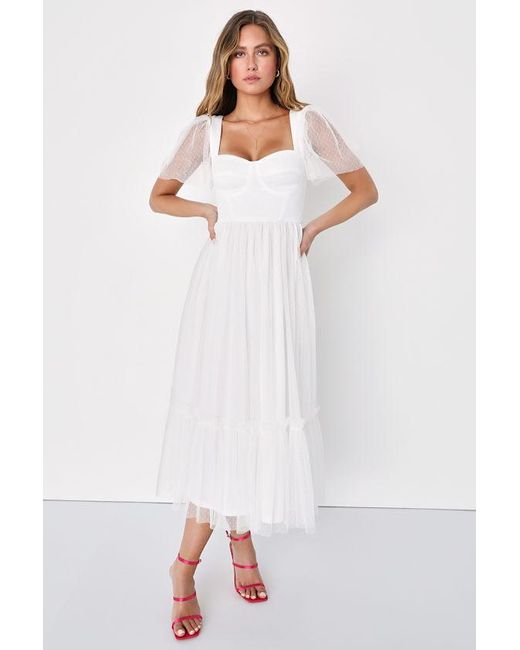 Lulus White Dreamy Celebration Tulle Bustier Swiss Dot Midi Dress