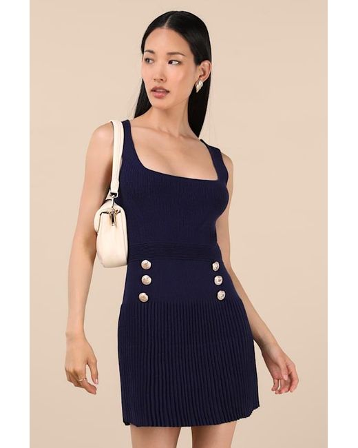 Lulus Blue Audie Ribbed Knit Sleeveless Sweater Mini Dress