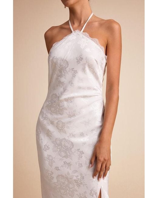 Lulus Natural Emeris Satin Jacquard Lace Halter Maxi Dress