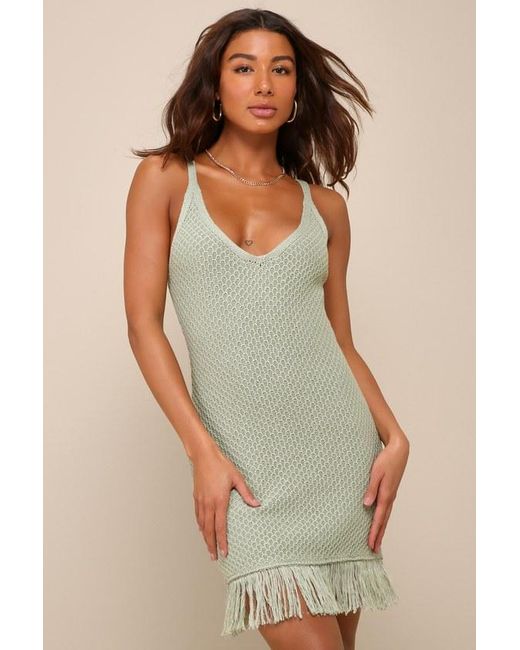 Lulus Green Island Muse Sage Textured Knit Fringe Mini Dress