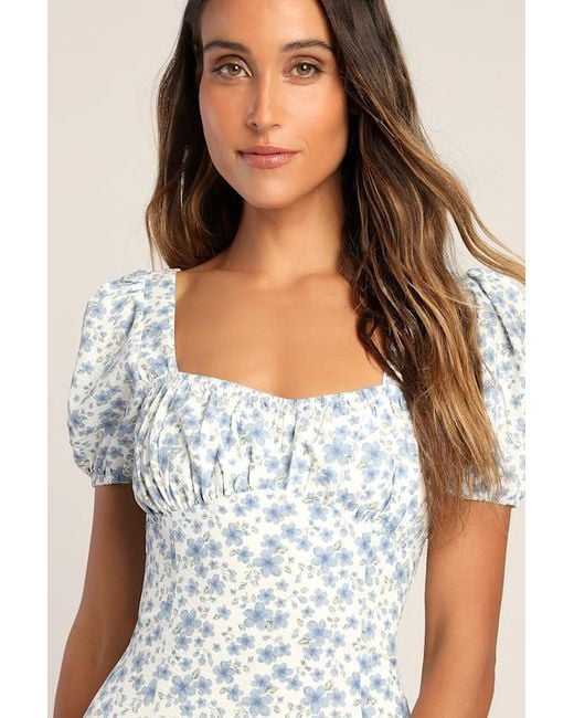 Lush White Botanical Blooms Floral Puff Sleeve Lace-Up Mini Dress